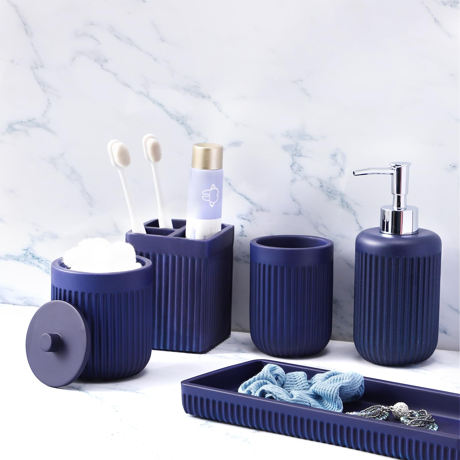 View 1 of ***MISSING PARTS***
XLHOMO Resin Navy Blue Bathroom Accessories Set 5 Pcs, Lotion Soap Dispenser, Toothbrush Holder, Bathroom Tumbler, Qtip Holder and Vanity Tray, Bathroom Countertop Organizer Set for Modern Apartment