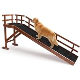 Wooden Dog Ramp for High Bed, 73.2" Long Pet Ramp with Foldable Side Rails | 20&deg;Gentle Slope, Fluorescent Strip, Top Platform,Safe Bed Ramp for Small, Medium &amp; Large Senior Dogs, Movable Wheels