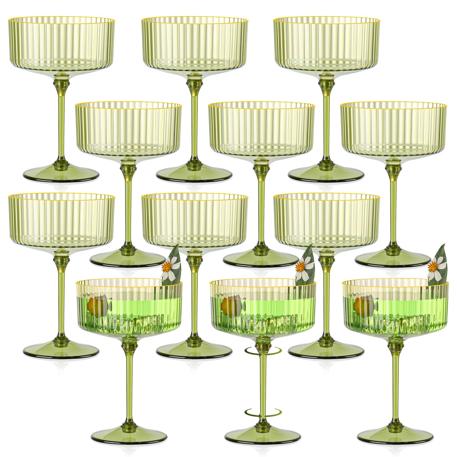 Photo 1 of 12 PCS Gold Rim Plastic Champagne Coupe Cup Sage Green Ribbed Coupe Glasses 10oz Detachable Espresso Martini Glass Vintage Margarita Glassware Cocktail Glass Set for Baby Shower Christmas Wedding