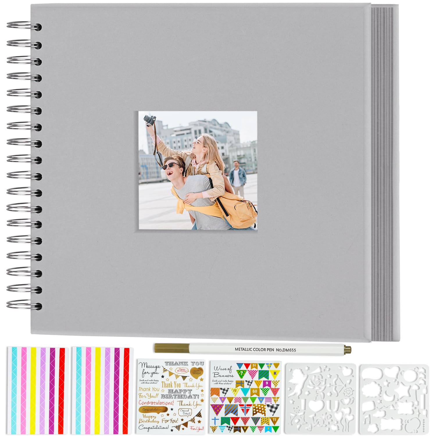 Miaikoe 20.5x20.5 cm DIY Scrapbook Album with Window Hardcover Kraft Blank Paper Scrap Book with 20 Sheets Photo Album for Guest Book, Family Wedding Anniversary (Grey)