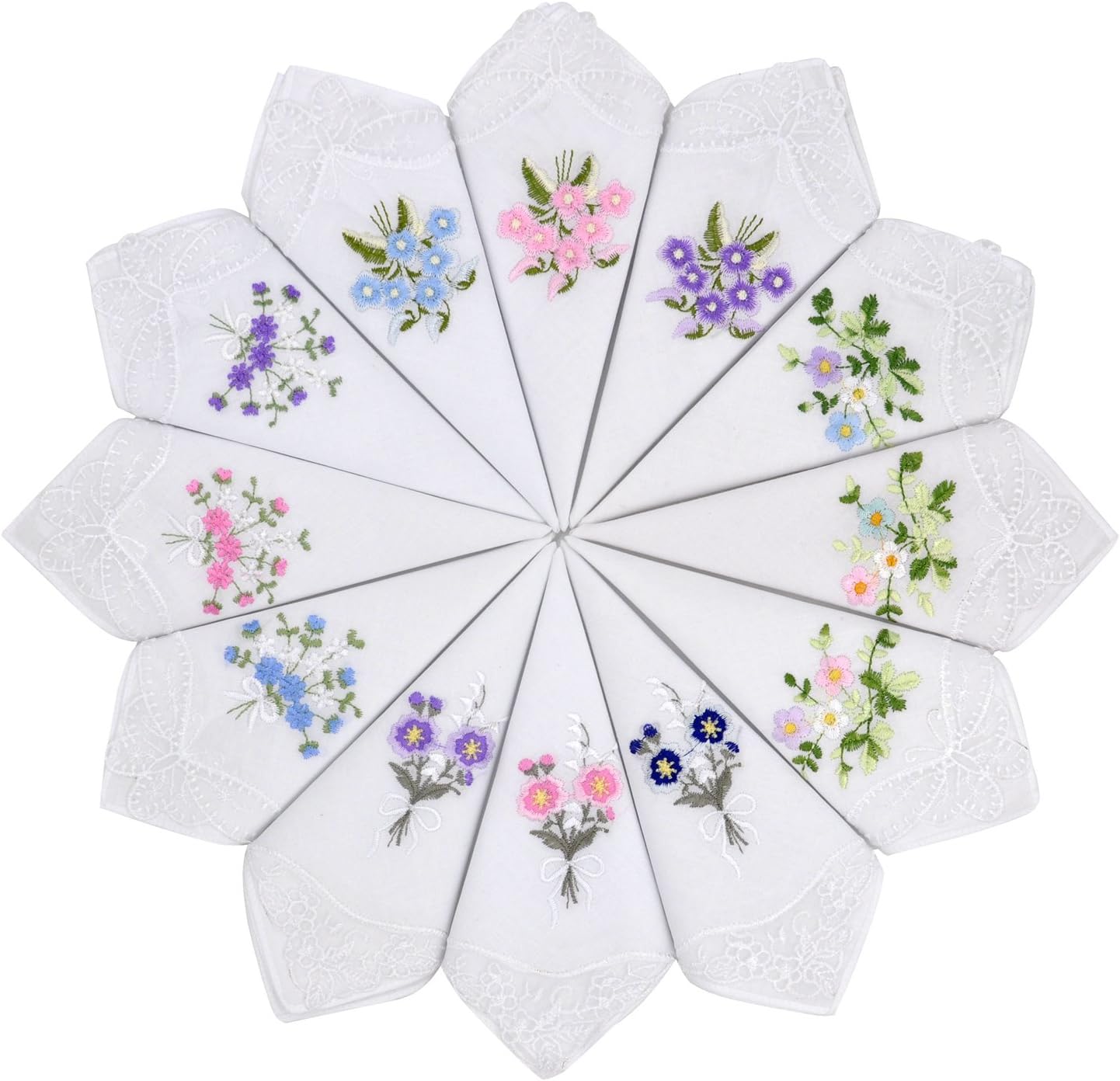 Milesky Women's Handkerchiefs 100% Premium Cotton Floral Embroidery Lace (WHAssorted - Pack of 12)