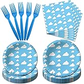 96Pcs Blue Sky White Cloud Party Decorations Blue Sky Paper Plates White Cloud Napkins Forks Boys Girls Baby Shower Birthday Party Supplies