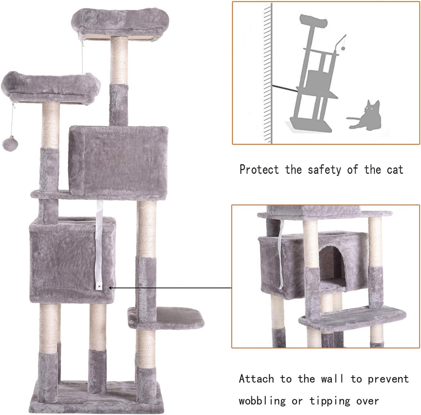 Hey-bro 60 inches Large Multi-Level Cat Tree Condo Furniture with Sisal-Covered Scratching Posts, 2 Plush Condos, 2 Plush Perches, for Kittens, Cats and Pets, Light Gray MPJ012W : Pet Supplies