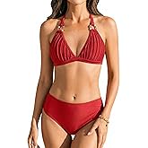 CUPSHE Women's Bikini Sets Two Piece Swimsuit Halter Tie Bathing Suit Mid Rise V Neck Ruching Adjustable Straps