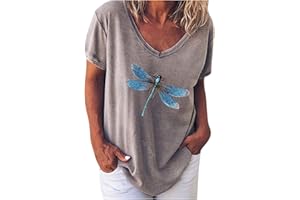CTREELA Women's Dragonfly T Shirts Vintage Graphic Tees Loose Summer Plus Size Printed Short Sleeve Retro V Neck Blouse Tops