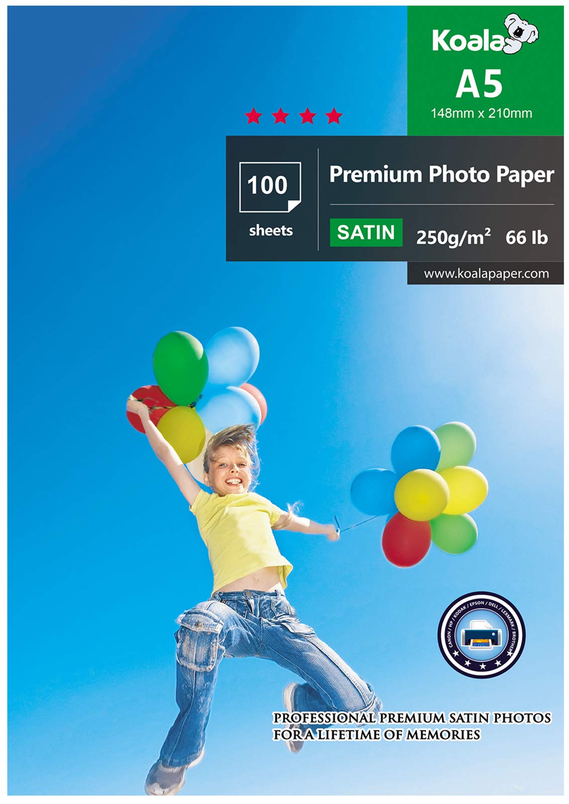 KOALA Inkjet Satin/Oyster Photo Paper A5 Size 210x148mm 250gsm 100 Sheets with Premium Satin Advanced Resin Coated for Canon Hp Epson Inkjet Printer