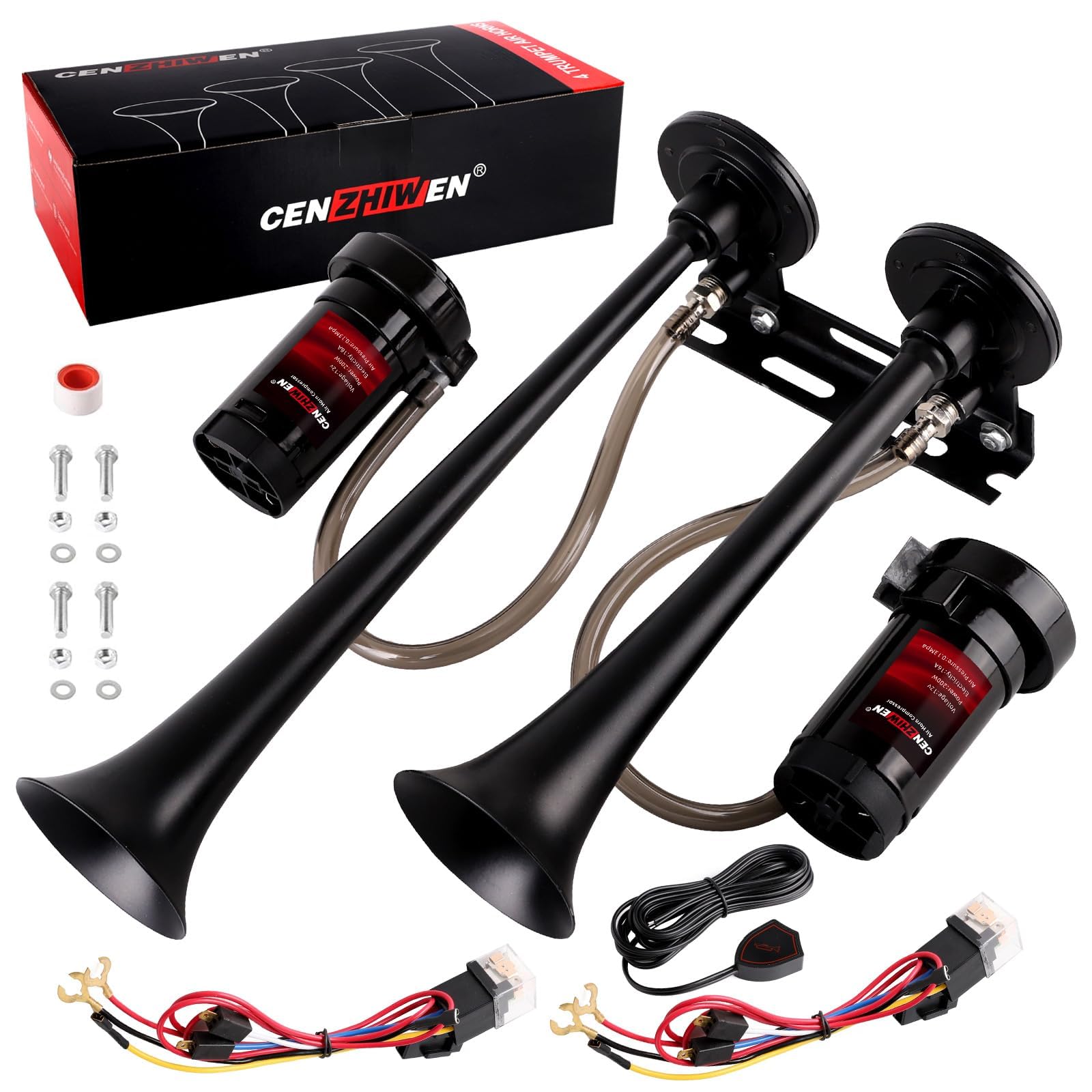 Photo 1 of Cenzhiwen Dual Trumpet Metal Air Horn for truck Kit with 2-120 PSI Compressors-12V 150dB Loud is suitable for pickup/motorhome/SUV/truck/train Boat-Complete and other vehicles(2 speakers with button)