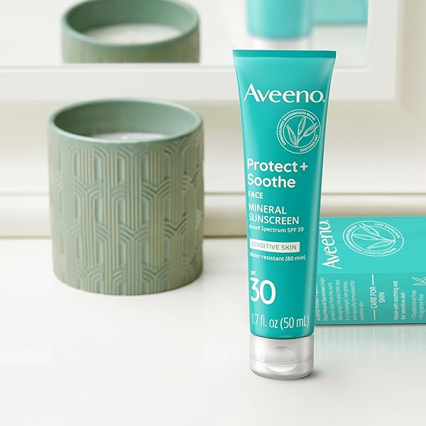 AVEENO PROTECT + SOOTHE FACE MINERAL SUNSCREEN WITH BROAD SPECTRUM SPF 30 FOR SENSITIVE SKIN, LIGHTWEIGHT & NON-GREASY FACE SUNSCREEN, WATER-RESISTANT UVA/UVB PROTECTION, 1.7 FL. OZ