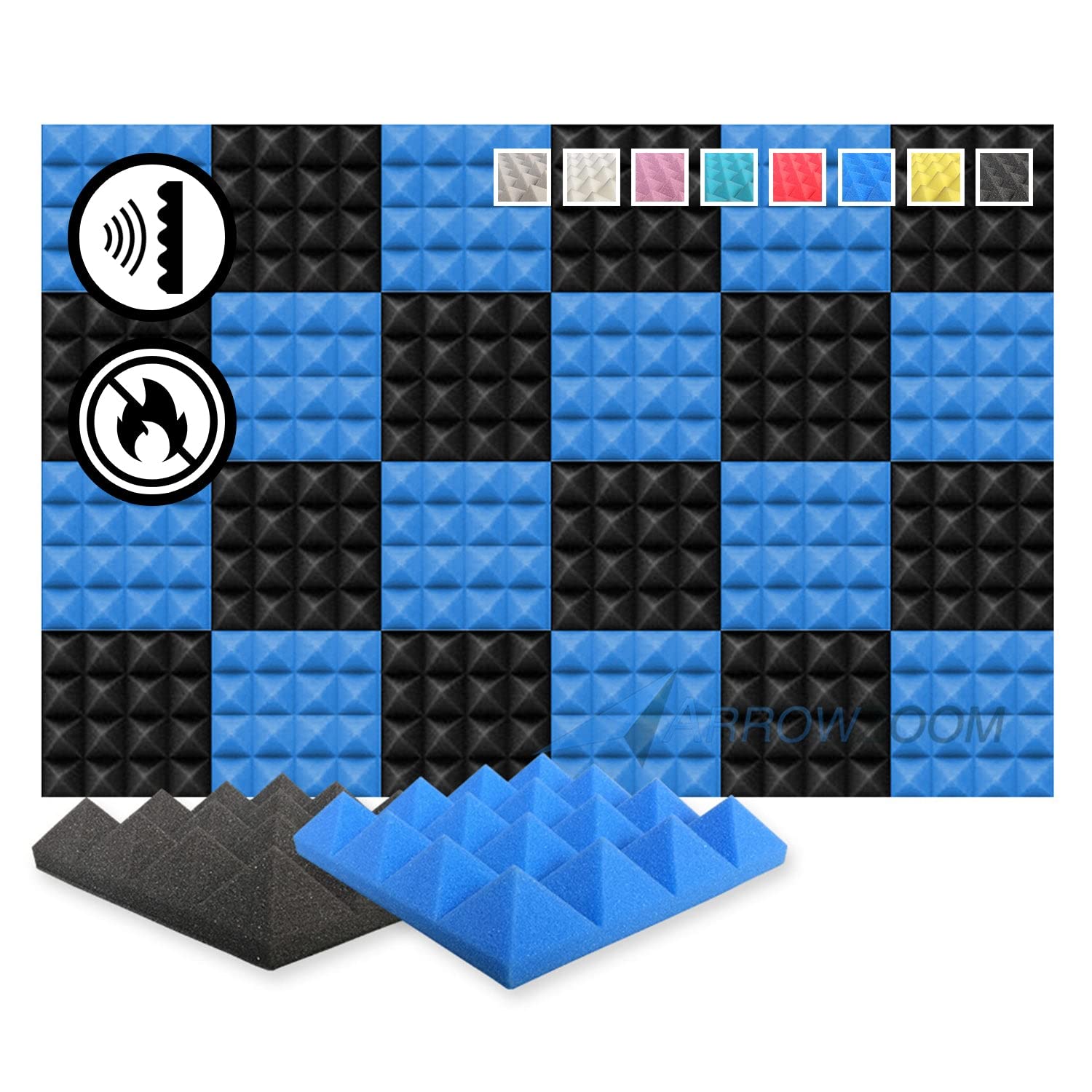 Arrowzoom 24 Acoustic Panels Pyramid Sound Absorbing Treatment Tiles 25x25x5cm Recording Studio 500-8000hz Noise Cancellation Walls Dampening 26kg/m3 Foam Fire Retardant Soundproofing Black Blue 1034
