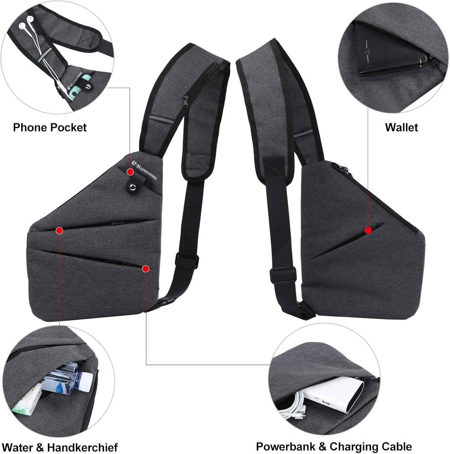 MAYMOONER Mens Crossbody Sling Backpack Anti Theft Chest Bags Lightweight Shoulder Bag Travel Daypack Color Grey - Image 5