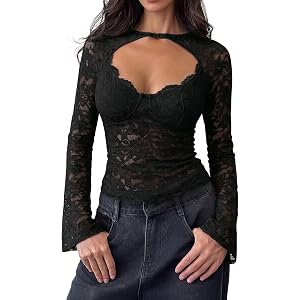 PINKMSTYLE Womens Lace Long Sleeve Shirts Sexy Mesh Y2K Going Out Tops | Cut-out Front Slim Fitted Blouses Sheer See Through