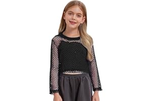 Oyolan Kids Girls Long Sleeve T-Shirt Hollow Out Crop Top Round Neck Street Hip Hop Dance Tees Skateboarding Clothes