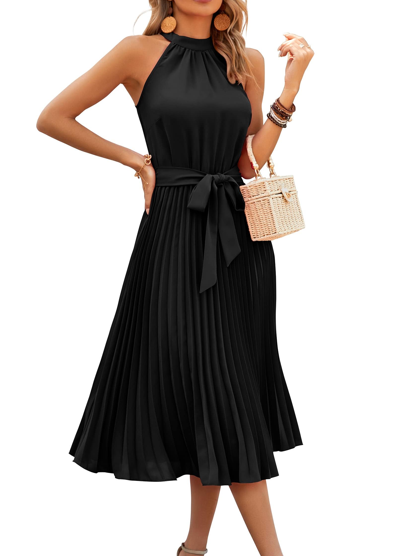 Photo 1 of KIRUNDO Women's 2025 Summer Sleeveless Halter Neck Pleated Midi Cocktail Dresses A Line Flowy Beach Sun Dress with Belt (Black, X-Large)