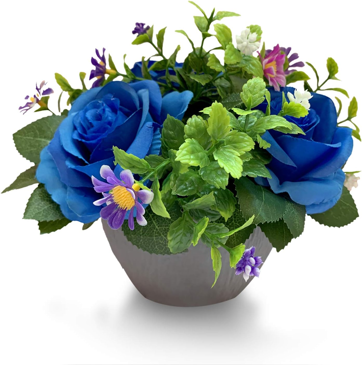 Mixrose Small Fake Plants Artificial Silk Rose Flower Bushel Bouquet in Textured Imitation Wood Pot for Home, Office, Kitchen, Bathroom, Countertop Décor (Deep Blue)