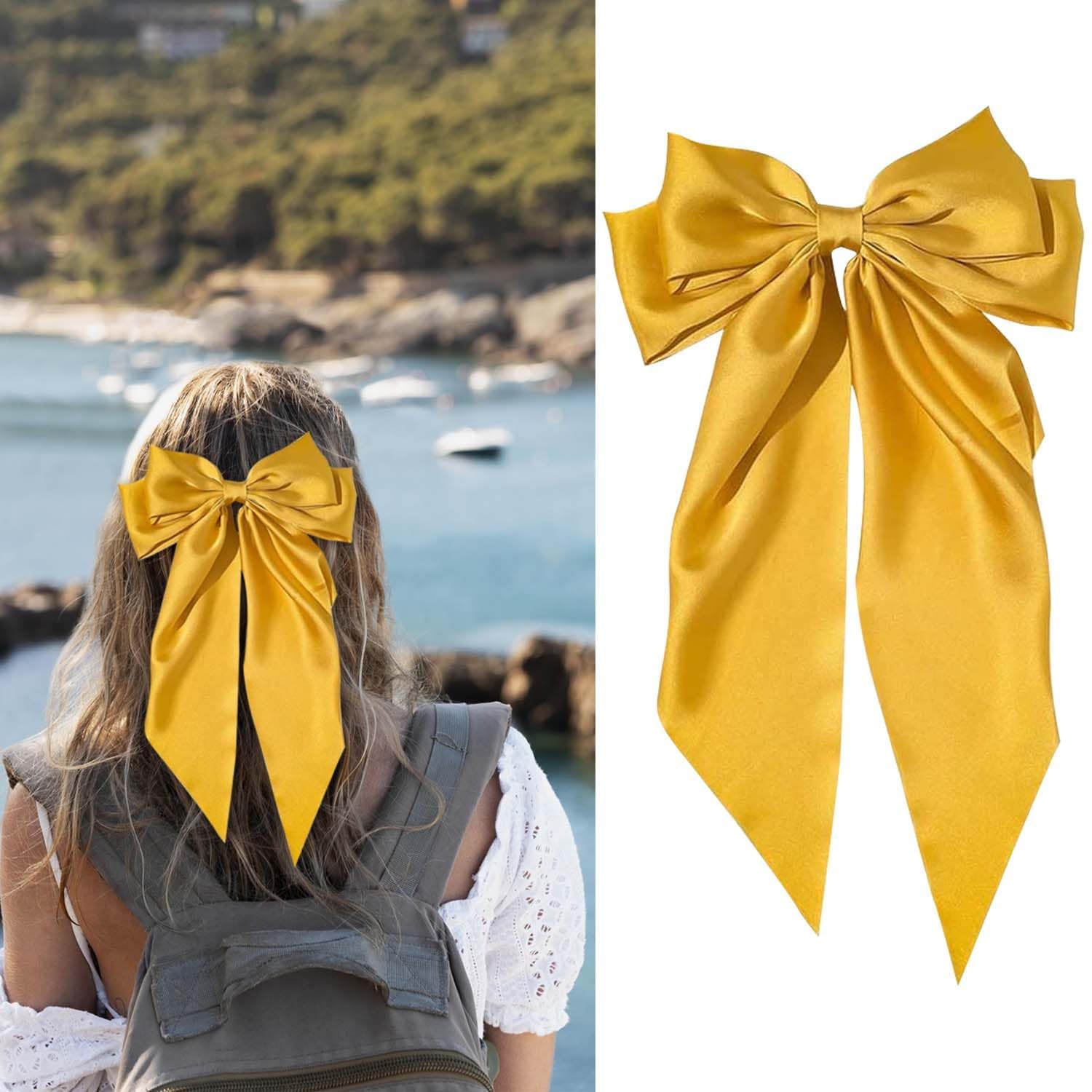 LECTNORE Golden Yellow Hair Bow - Large Bowknot Hair Clip for Women, Satin Silky Ribbons with Long Tail, French Barrette Hair Accessory for Girls Ponytail Holder