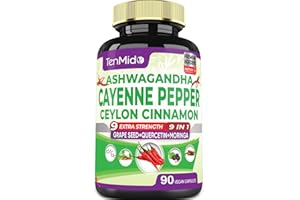 Tenmido Cayenne Pepper Supplements Capsules, 3 Months Supply & Ashwagandha, Ceylon Cinnamon, Grape Seed, Quercetin, Moringa, Ginkgo Biloba - Heart Wellness, Promotes Digestive Health -90 Caps