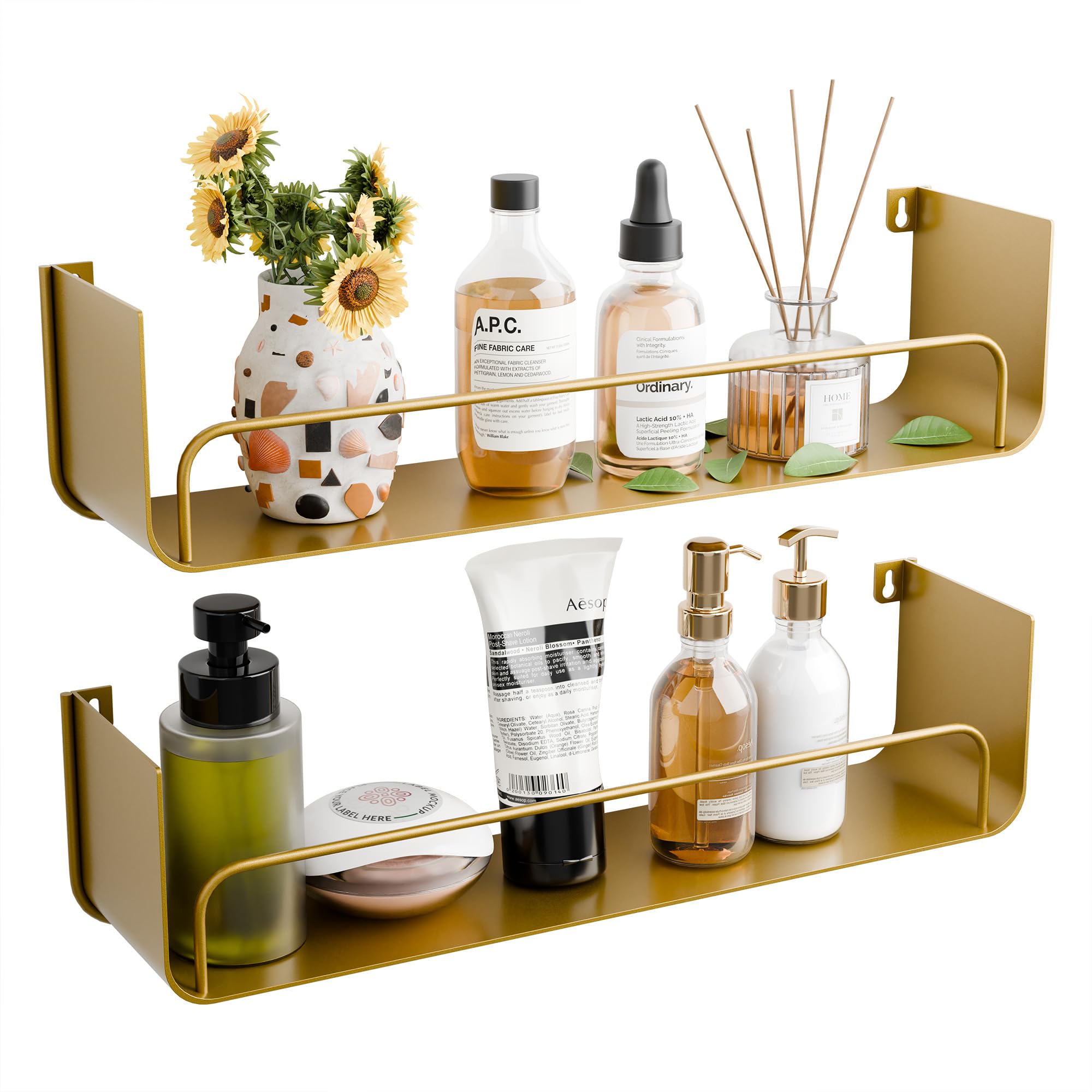 Photo 1 of YEMNMFH 16 Inch Gold Floating Shelves Set of 2, Narrow Iron Bathroom Shelves with Guardrail, U-Shaped Wall Mounted Shelf for Home Decor & Organizer, Display Shelf for Bathroom,Kitchen,Bedroom&Any Room