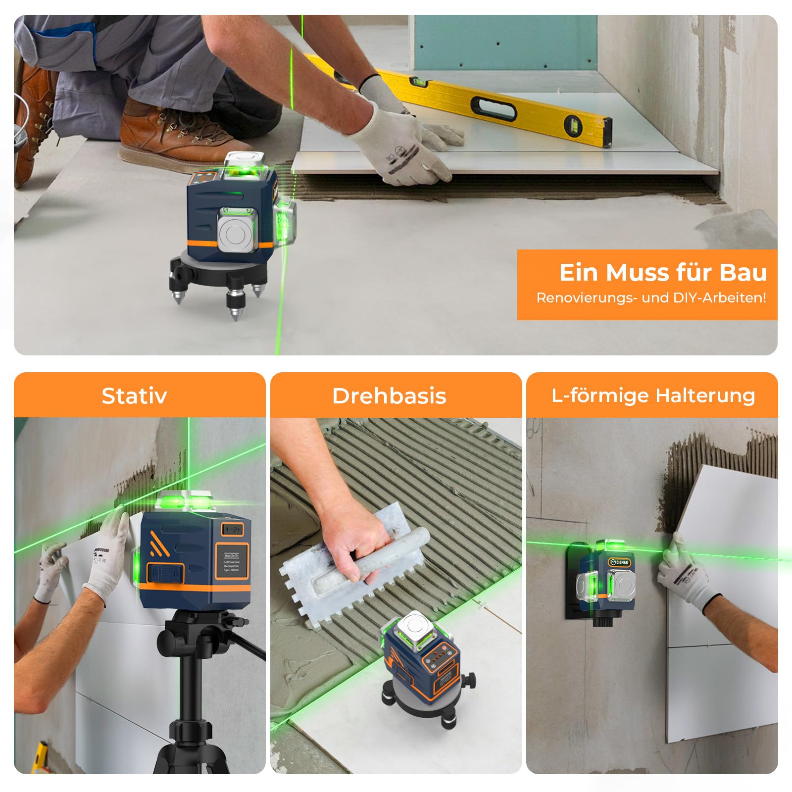 Kreuzlinienlaser mit Stativ, CIGMAN 3x360 Grad Grün Selbstnivellierend Laser Wasserwaage mit 1,2m -Aluminium-Baustativ, Baulaser Kreuzlaser Linienlaser bis zu 30 Stunden mit Lithium-Batterie,CM701T 6