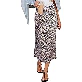 HERBATOMIA Women’s Floral Print Midi Skirt Casual High Elastic Waist Zipper Vintage Long Boho Skirts for Women