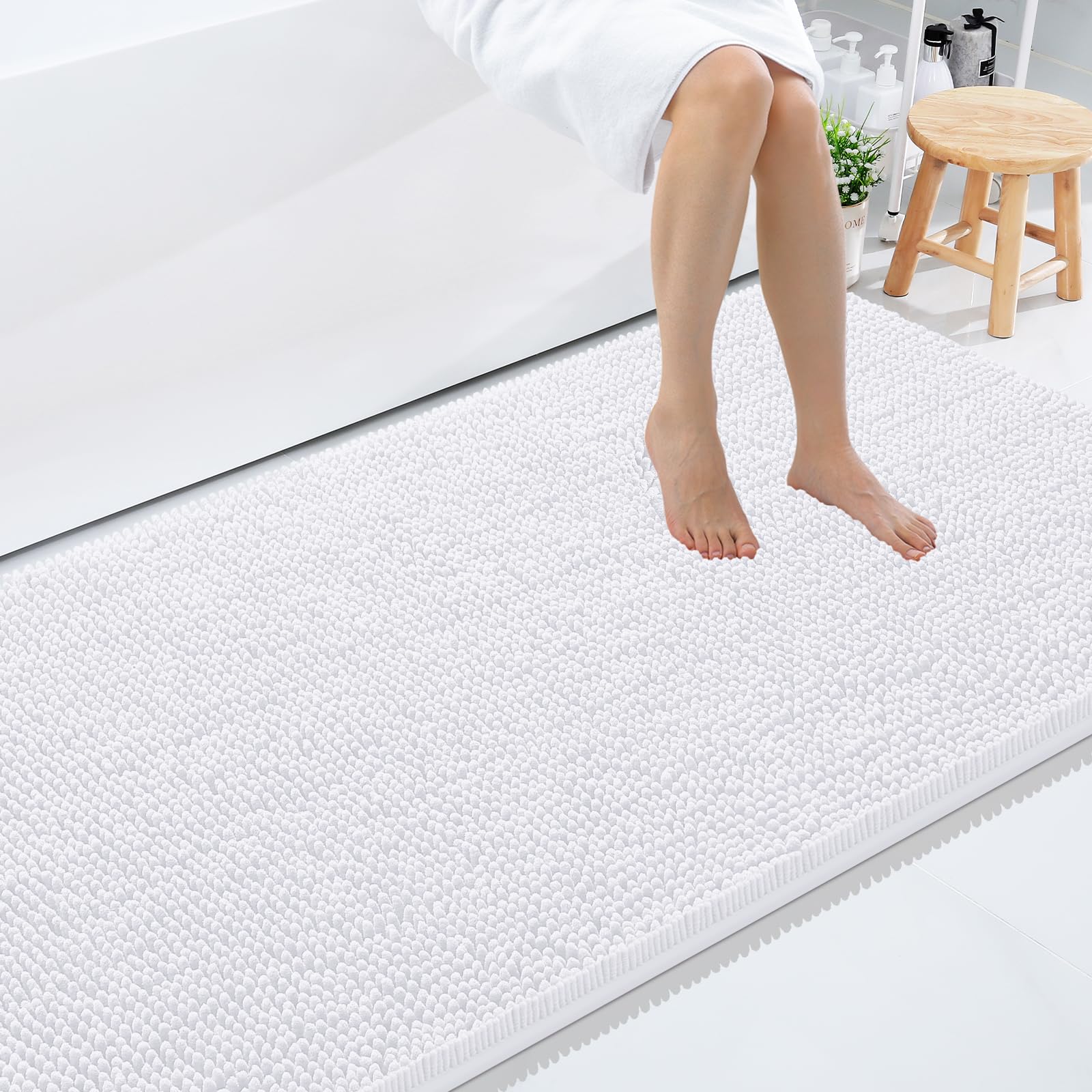 Photo 1 of Smiry Luxury Chenille Bathroom Rugs 59x35, Extra Soft and Absorbent Shaggy Bath Mat, Machine Washable, Non-Slip Plush Carpet Runner for Tub, Shower, and Floor, Home Decor Accessories, White