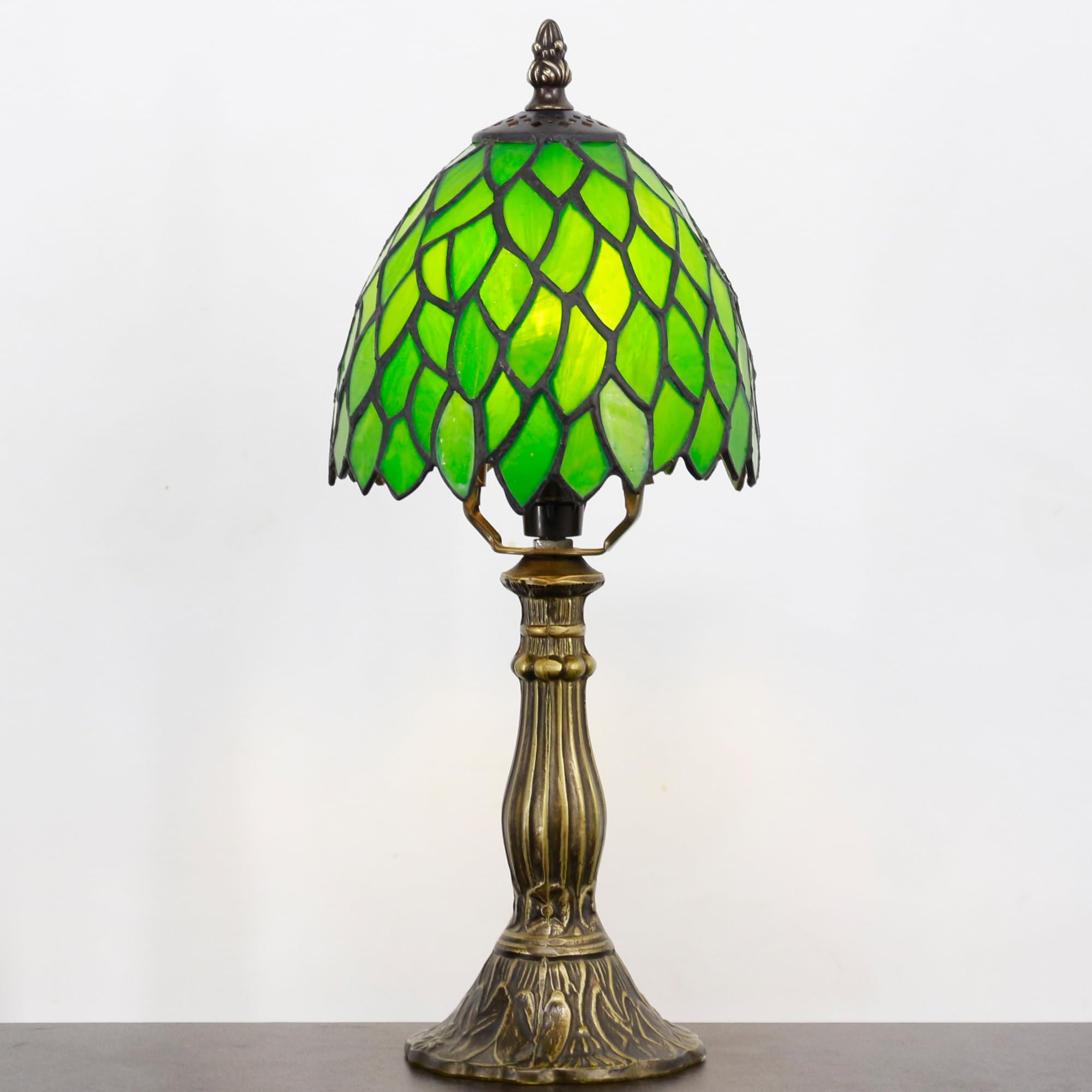 Photo 1 of Small Tiffany Lamp Mini Accent Table Lamp Green Wisteria Leaves Style Stained Glass Desk Memory Lamp Sympathy 6X14.6 Inch