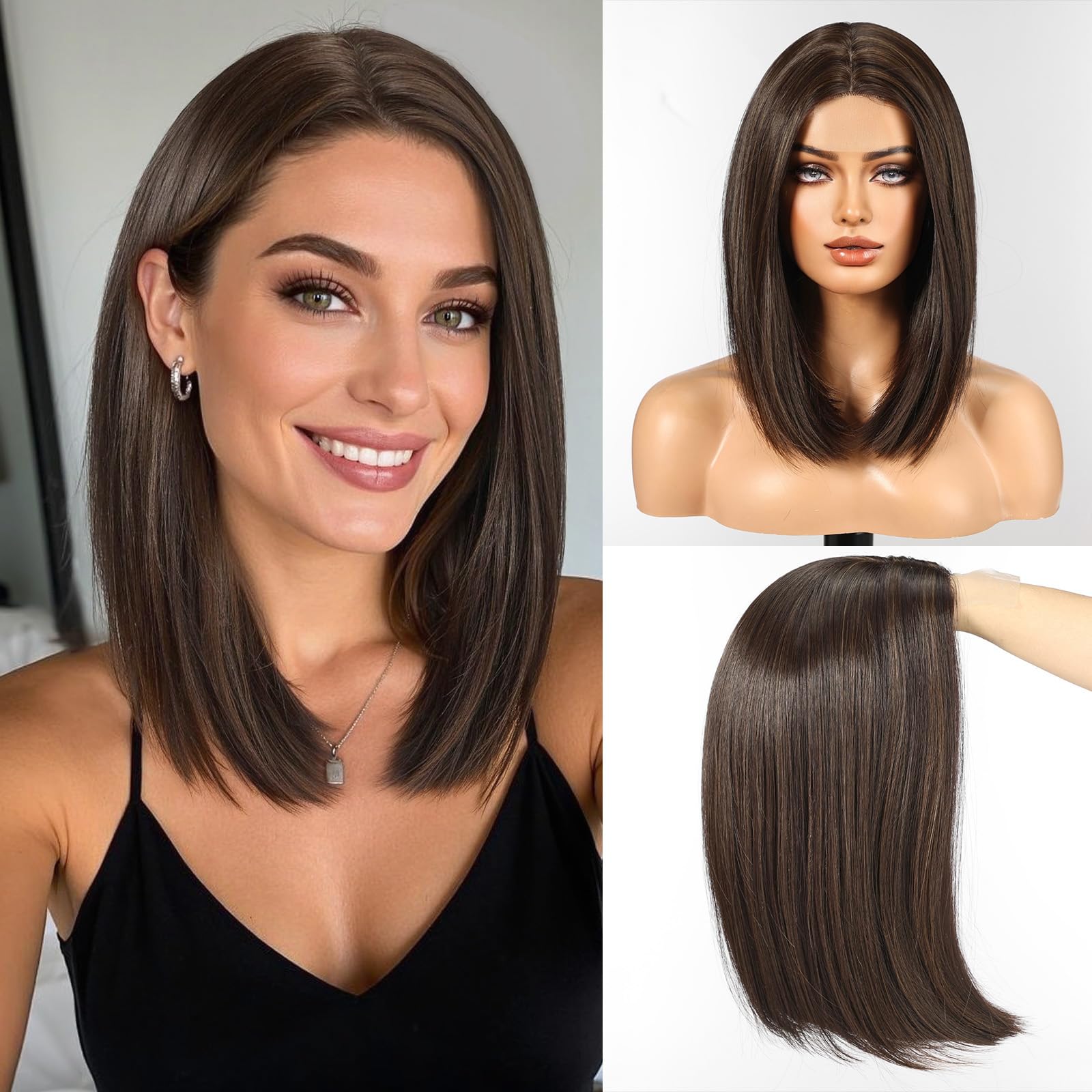 WOKESTAR Bob Wigs for Women Middle Part Bob Style Heat Resistant Fibre Synthetic Heat Resistant Wigs Dark Brown with Highlight Color — image 1