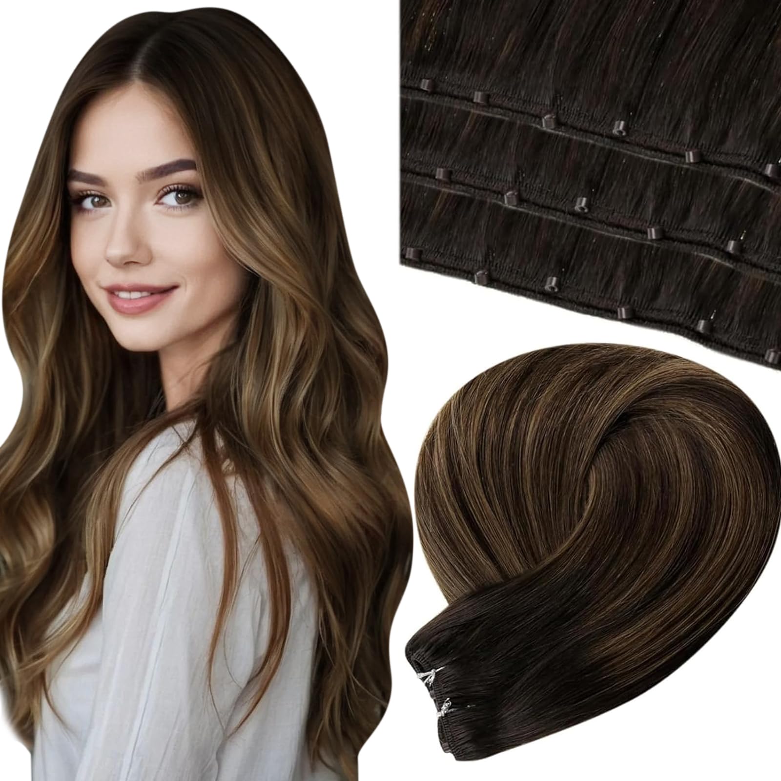 LaaVoo Beaded Weft Hair Extensions Human Hair Ombre Micro Bead Weft Hair Extensions Real Human Hair Balayage Darkest Brown to Light Brown 18inch 50g