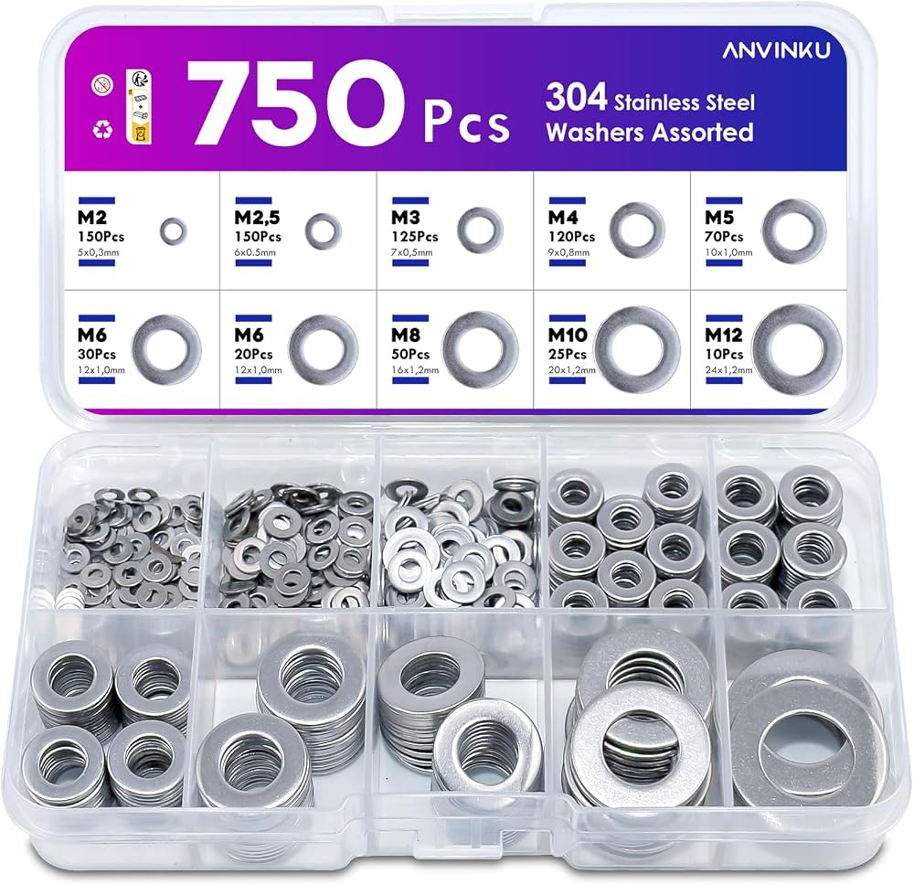 ANVINKU 750 Pcs Stainless Steel Washers Assorted 9 Sizes M2-M12