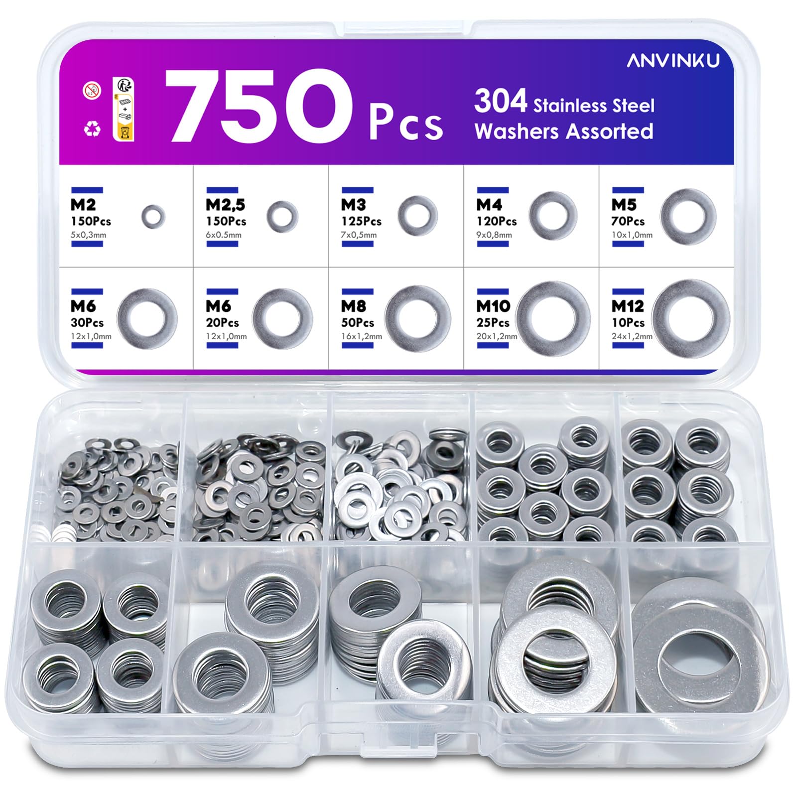 ANVINKU Washers for Screws, 750 PCS Stainless Steel Washer for Bolts, 9 Sizes Assorted Washers M2 M2.5 M3 M4 M5 M6 M8 M10 M12, Metal Washer for Repair — image 1