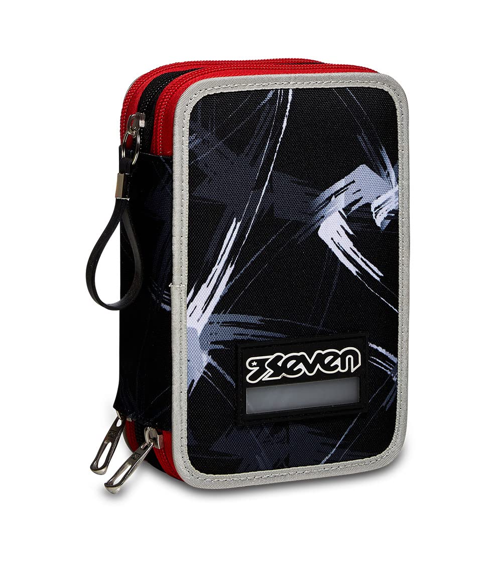 Seven 3-Zip Case, Snaky Boy, Equipped with Pencils, Markers etc.., Black, School and Leisure