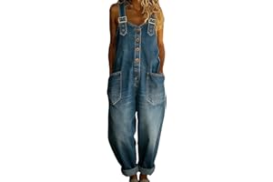 SOMTHRON Women's Denim Bib Overall Jumpsuits Button Front Wide Leg Pants Adjustable Straps Loose Vintage Romper