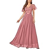 Miusol Women's Elegant Deep-V Neck Ruffle Tulle Sleeve Sequin Lace Formal Maxi Dress