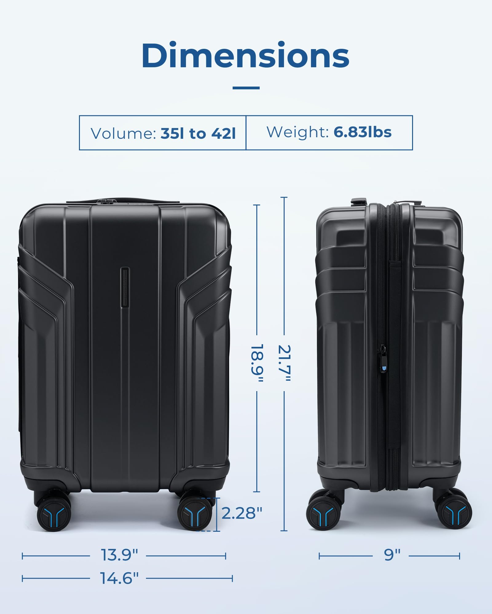 BAGSMART Expandable Carry On Luggage 22x14x9 Airline Approved, 1OO% PC Lightweight Hard Shell Suitcase, 20 Inch Travel Luggage with Spinner Wheels, Waterproof Rolling Suitcase, Black