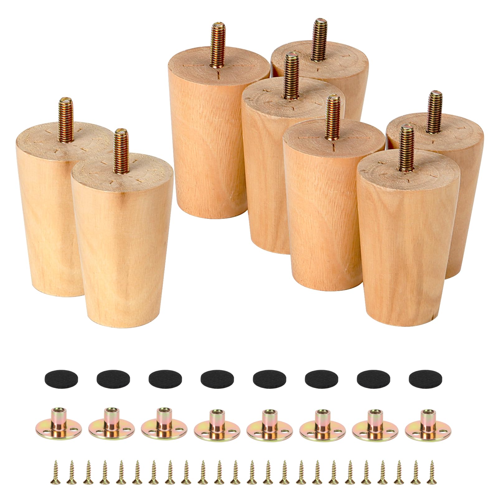 JAPCHET 8PCS 8cm Solid Wooden Furniture Legs, 3 Inch Wood Cabinet Legs, Wooden Replacement Sofa Feet with 24 Screws and Mounting Plates for Chair