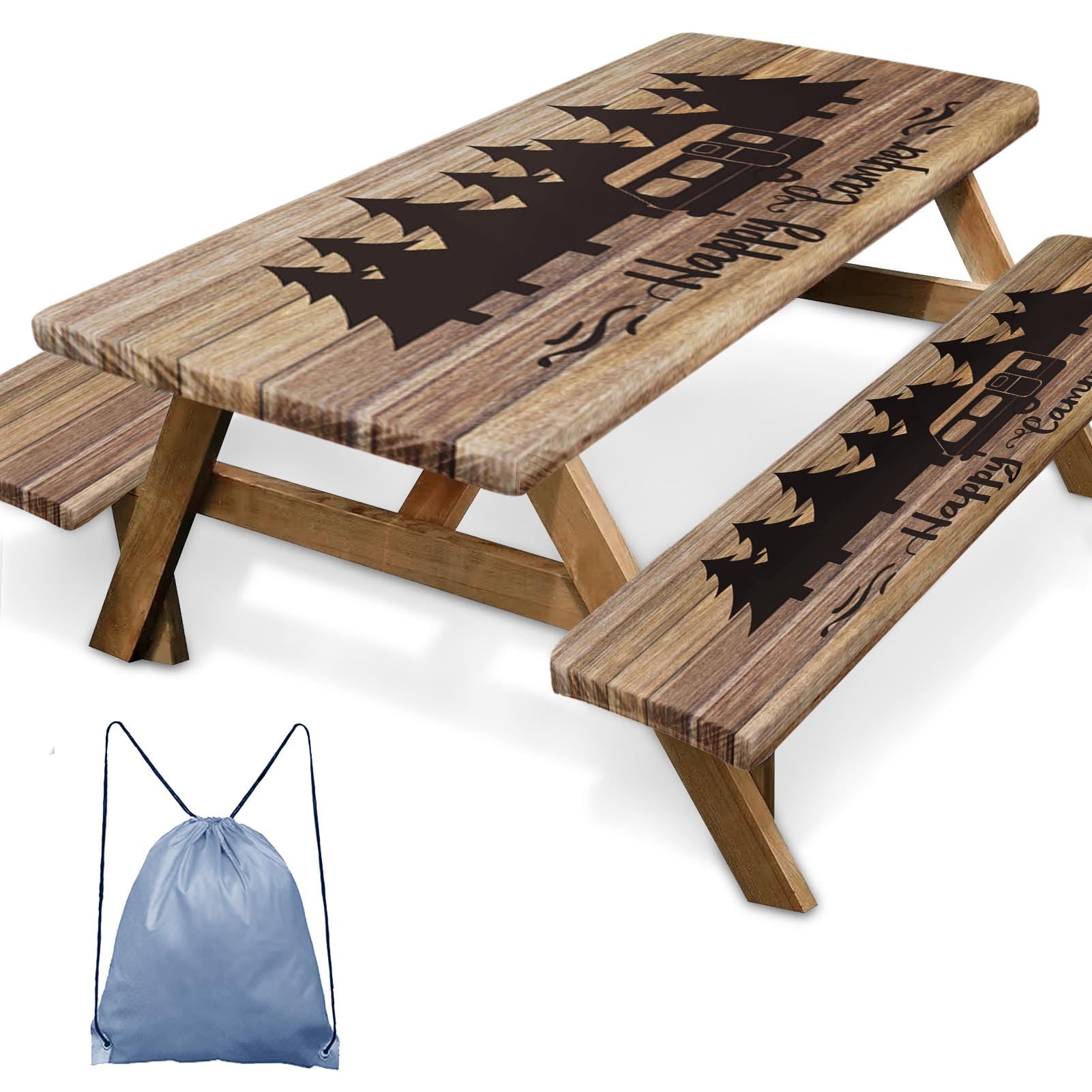 Photo 1 of Britown Picnic Table Cover with Bench Covers Elastic Edges, Wooden Camper Fitted Table Cover, Outdoor Patio Camping Essentials 96 Inch 3PCS, Waterproof Camping Fitted Tablecloth with Drawstring Bag
