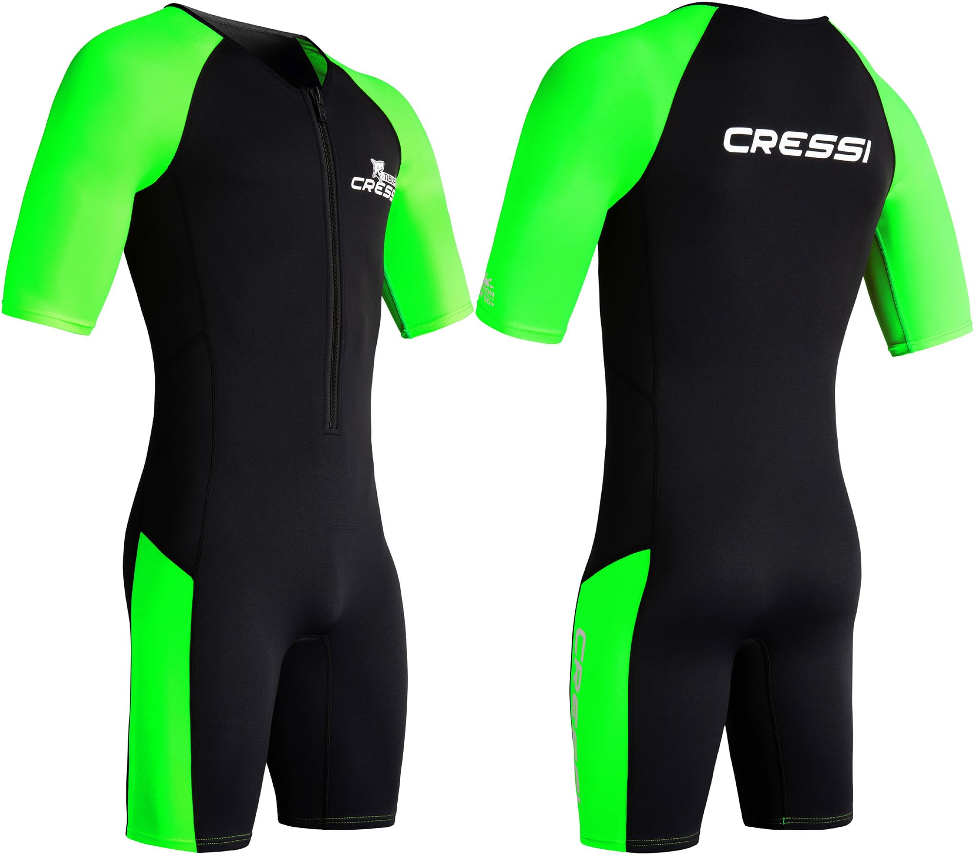 CRESSI Tiburon Man Shorty Wetsuit Black/Fluo Lime 2mm 2XL/6 - Men's 2mm Neoprene and Elastane Shorty Wetsuit, YKK Front Zip - Black/Fluo Lime, XXL/6