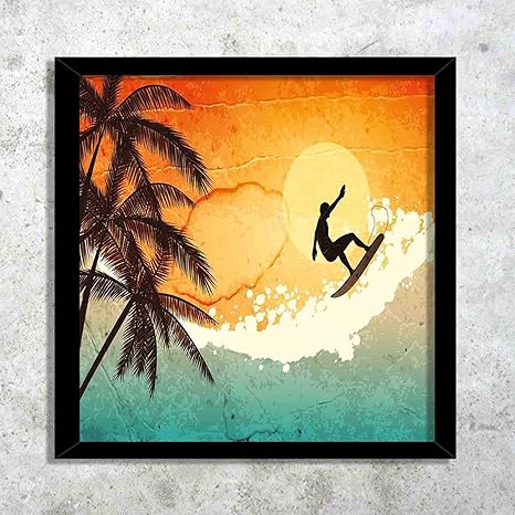 Amazon Co Jp 装飾画 O海の波と夕暮れヤシの木に熱帯の島のサーファーのイラスト アート絵画 装飾フォトフレーム インテリアアート 木製フォトフレーム 12x12in 額縁付き ホーム キッチン