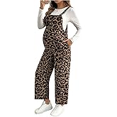 OYOANGLE Women's Maternity Leopard Print Overalls Spaghetti Strap Straight Leg Pregnancy Jumpsuit with Pocket