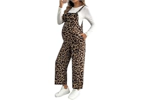 OYOANGLE Women's Maternity Leopard Print Overalls Spaghetti Strap Straight Leg Pregnancy Jumpsuit with Pocket