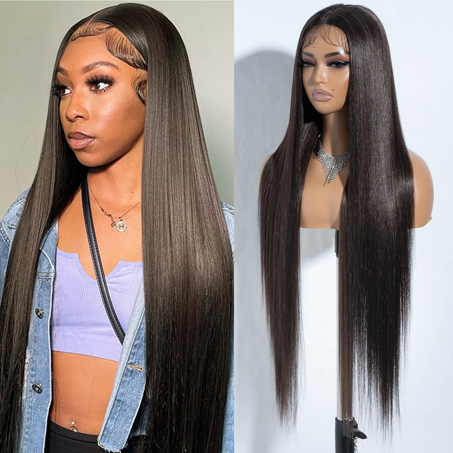 Joedir 34" Long Yaki Straight Lace Front Brown Synthetic Wigs Middle Part HD Transparent Glueless Lace Wig Heat Resistant Fiber Pre Plucked Hairline with Baby Hair Wig for Women