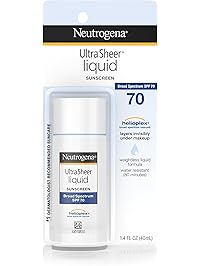 Neutrogena Ultra Sheer Liquid Daily Facial Sunscreen with Broad Spectrum SPF 70, Non-Comedogenic, Oil-Free & PABA-Free Weightless Sun Protection, 1.4 fl. oz