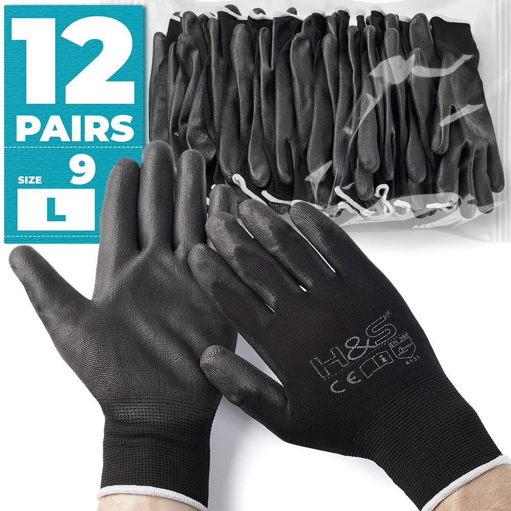 12 Pairs of Work Gloves L (9) Nylon PU coated CAT II available XS extra-small (6),S small (7), M medium (8), L large (9), XL x-large (10), XXL xx.large (11) seamless multi-purpose black colour coded