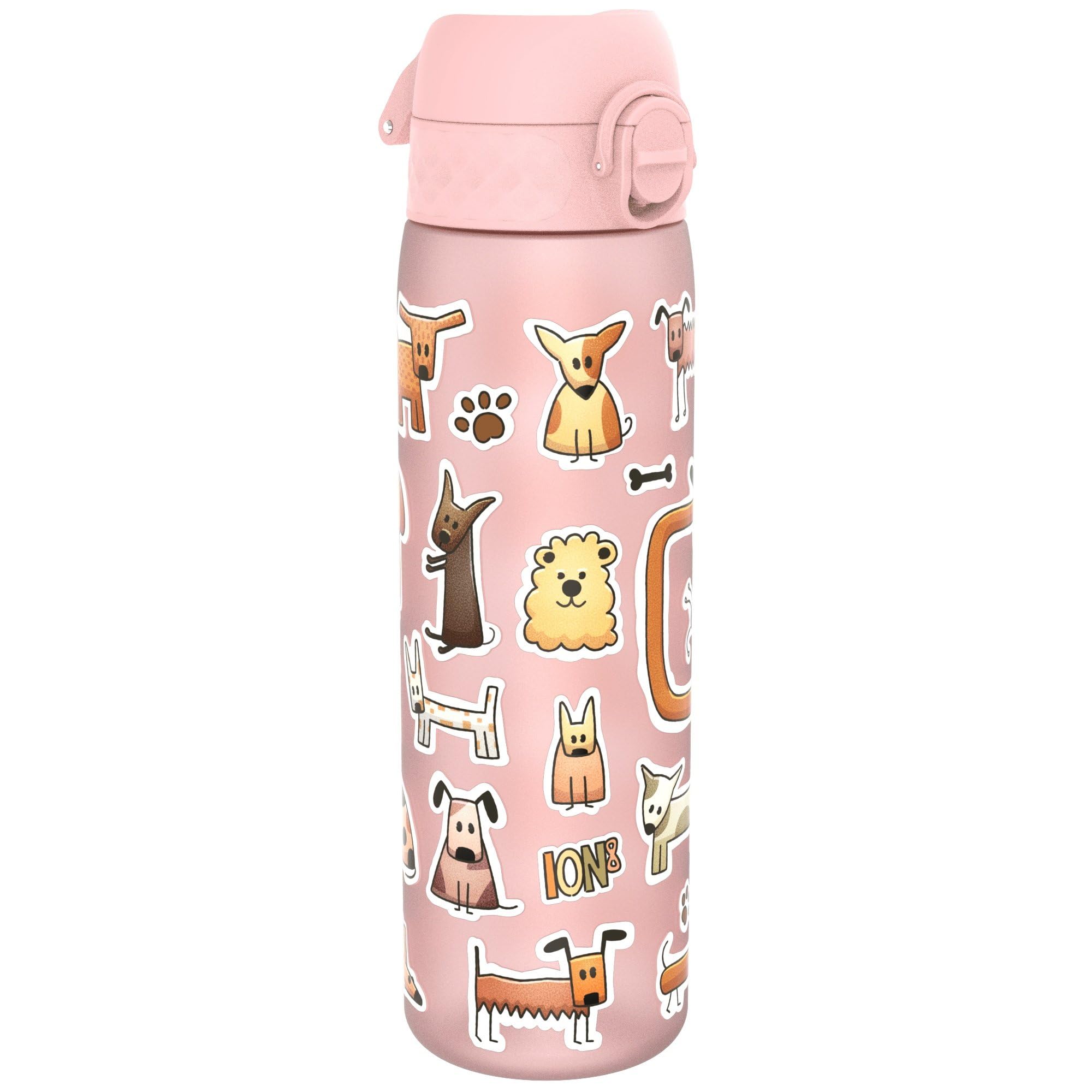 Ion8 Water Bottle, 500ml/18oz, Slim Leak Proof & BPA-Free Drinking Bottle, Secure Lock Prevents Spills, Dishwasher Safe, Carry Handle, Ideal for Adults & Kids - Travel, Gym & School, Pink, Dogs