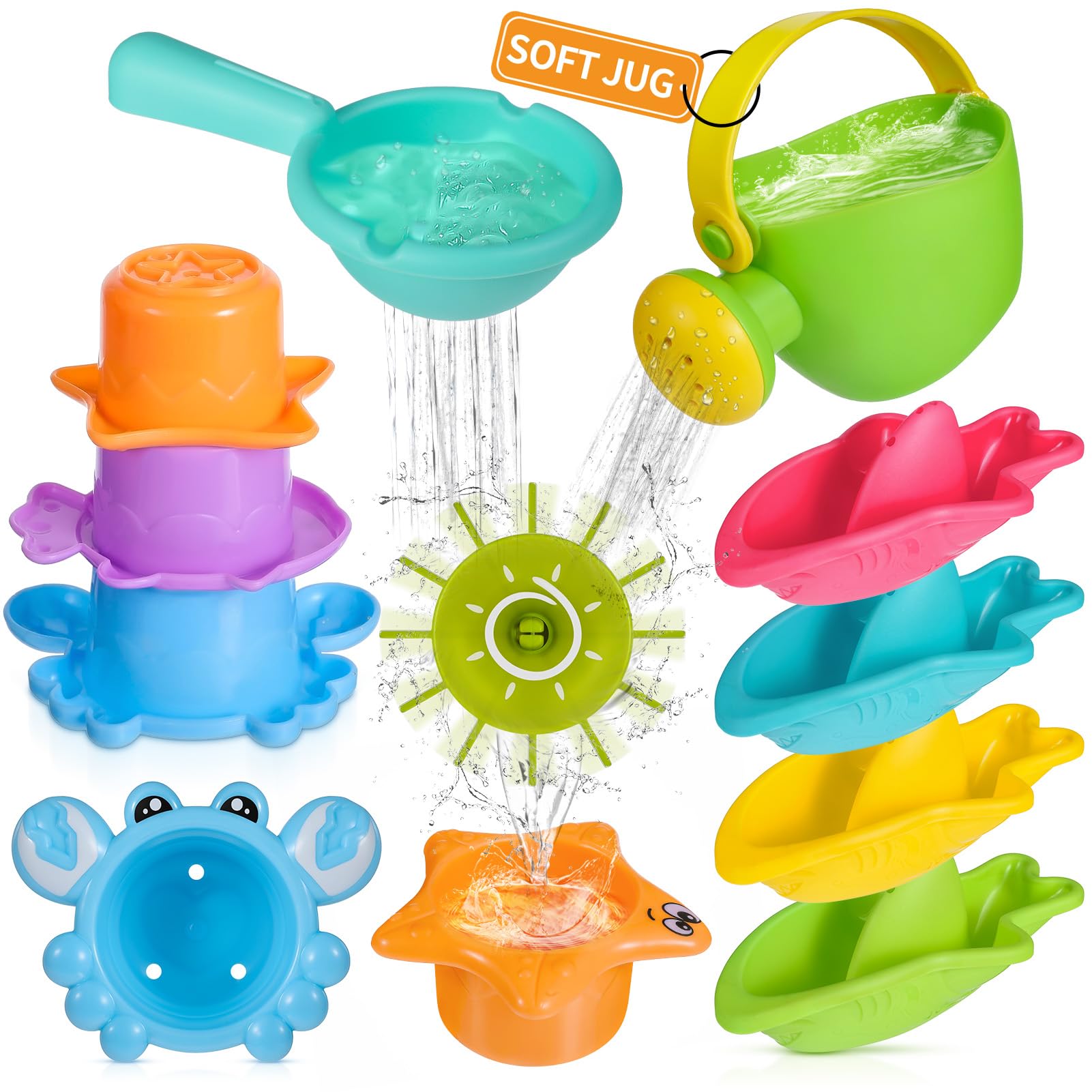 Baby Bath Toys for 1 2 3 4 Year Olds Toddler Kids - 10PCS Mould Free Water Play Swimming Pool Toys No Mould Watering Can Bath Boats Bath Cups Bath Jug Water Wheel for Children Boys Girls