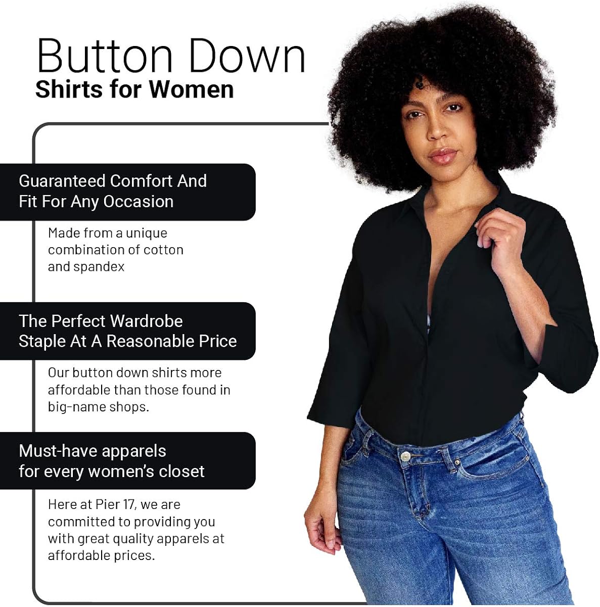 Button Down Shirts for Women 3 4 Sleeve Fitted Dress Shirt and Blouses Work Top: Clothing