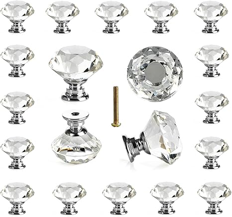 Bluecookies 25 Pcs Drawer Knobs Diamond Crystal Glass Clear Door