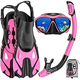 Snorkeling Gear for Adults, Mask Fin Snorkel Set, Dry Top Snorkel Mask, Panoramic View Anti-Leak Anti-Fog 3 in 1 Snorkeling Kit Travel Diving Package with Storage Bag