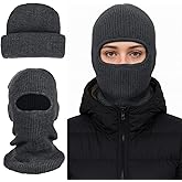 2 in 1 Balaclava Ski Mask Beanie, Winter Warm Knit Hat for Men Women, Foldable Polyester Trendy Beanie, Full Face Cover for Skiing, Cycling, Hiking, Cold Weather Outdoor Headwear Grey