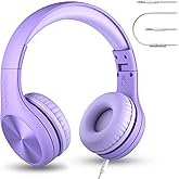 LilGadgets Connect+ Pro Wired Kids Headphones for School with Microphone, Volume Limiting Over-Ear Headset with Cord, SharePort Technology & SoftTouch Padding, Purple