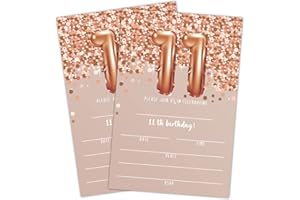 LWBEO 11th Birthday Invitation Cards, Rose Gold Glitter 11th Birthday Party Invites, Kids Happy Birthday Party Decorations Supplies, 20 Fill-in Cards with Envelopes for Boys or Girls Party Celebration - C03